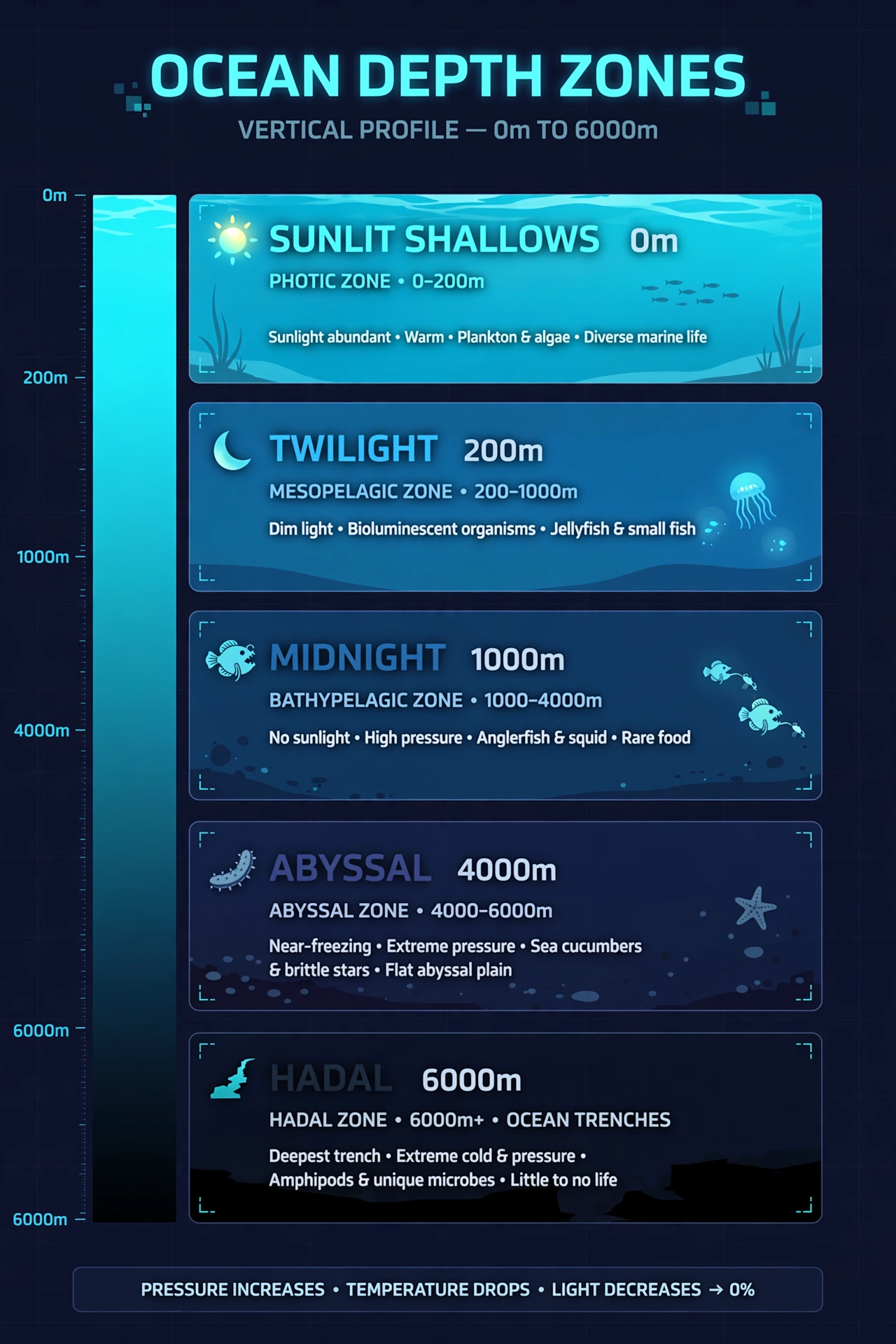 Krillion depth zones chart from the sunlit shallows down to the hadal trench